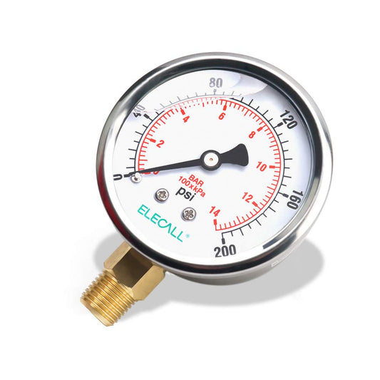 ELECALL 2-1/2” Glycerin Liquid Filled Air Pressure Gauge, 0-200Psi, 1/4” NPT Lower Mount, Stainless Steel Case, Brass Internals, Water Pressure Gauge