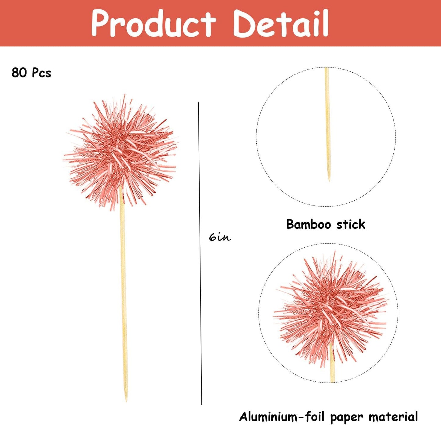 80 Pcs Firework Cupcake Topper Rose Gold Graduation Cake Decorations Foil Frill Toothpicks for Party Decoration, Cake Toppers, Picnics, Bar, Birthday, Holiday (Rose Gold)