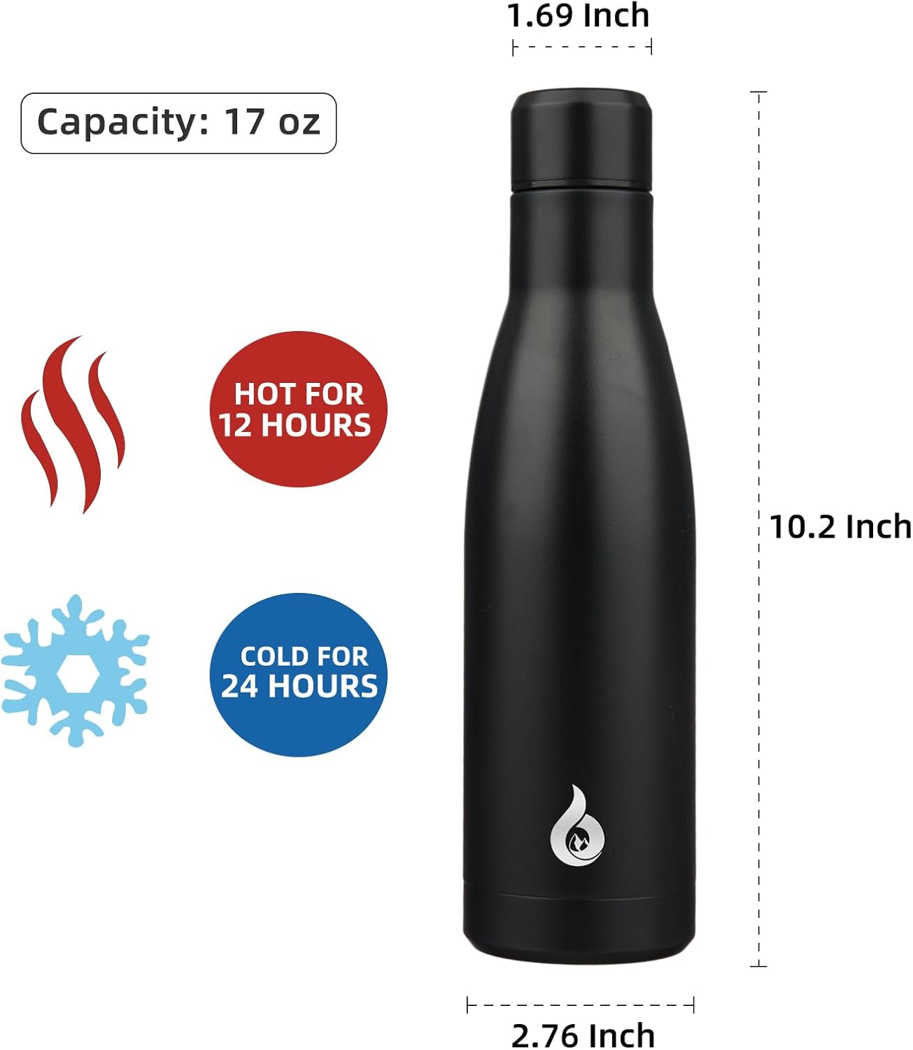 BJPKPK Insulated Water Bottle 17oz Stainless Steel Water Bottles Dishwasher Safe Metal Thermos Keep Cold and Hot,Midnight Black