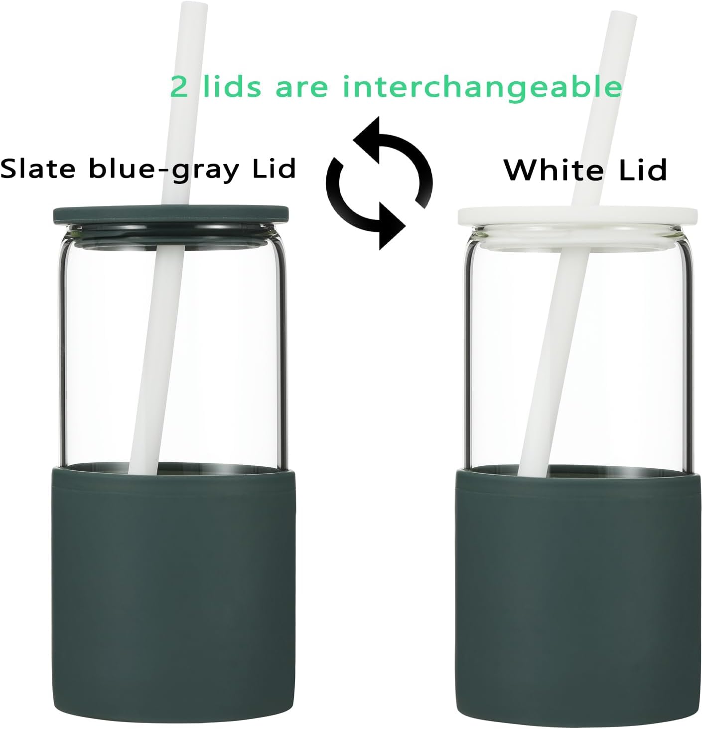 Sunseeke Glass Tumbler with Straw and Lid, 16oz Ice Coffee Cup, Silicone Sleeve Cleaning Brushes, Drinking Glasses for Water, Iced Coffee, Smoothie - BPA Free (Slate blue-gray)