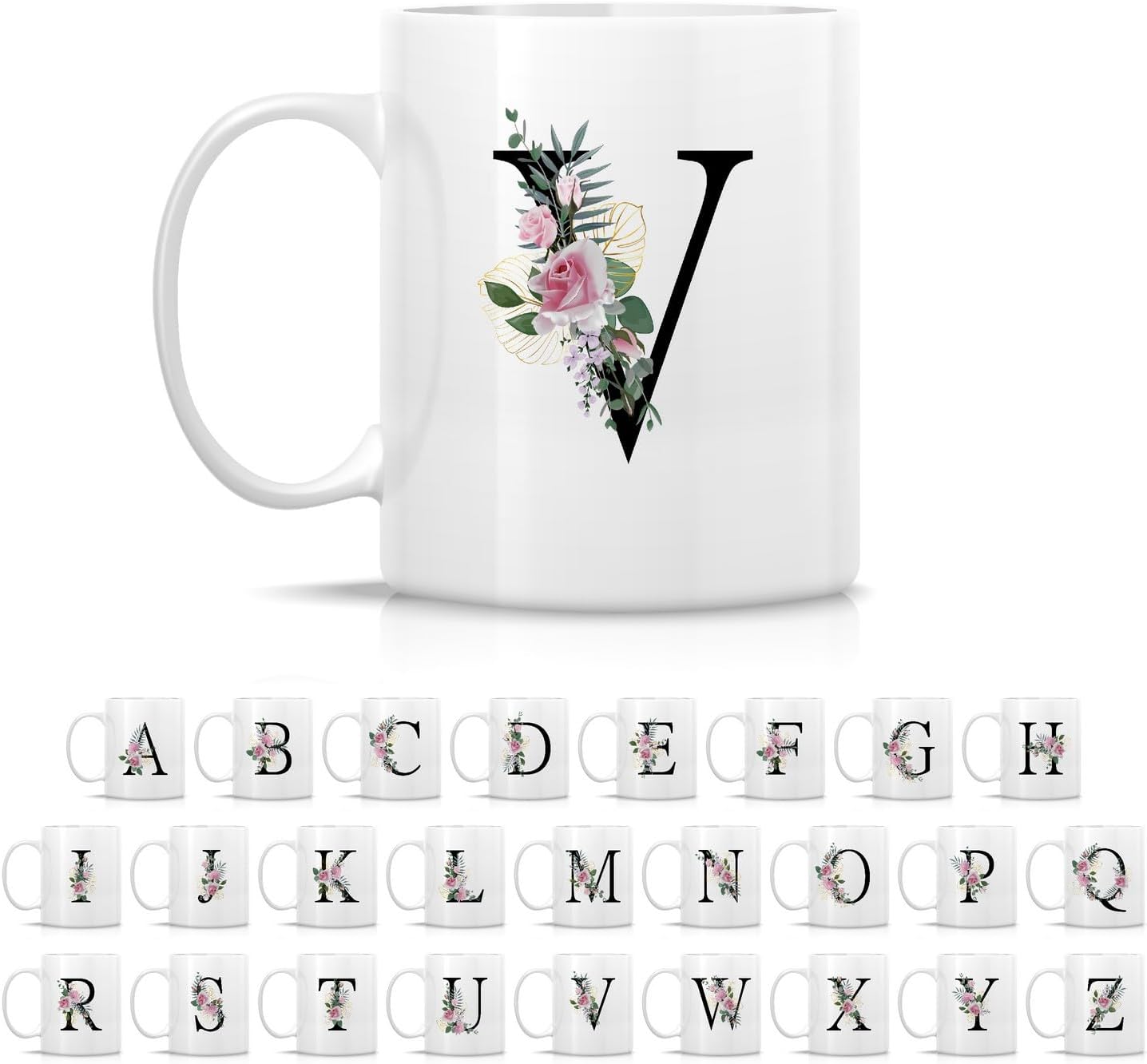 Retreez Initial A-Z Floral Botanical Bouquet Alphabet Monogrammed Monogram Mug 11 Oz Ceramic Tea Coffee Mugs - Appreciation Thank You Wedding Birthday Gifts for her friend coworker sister - V Initial
