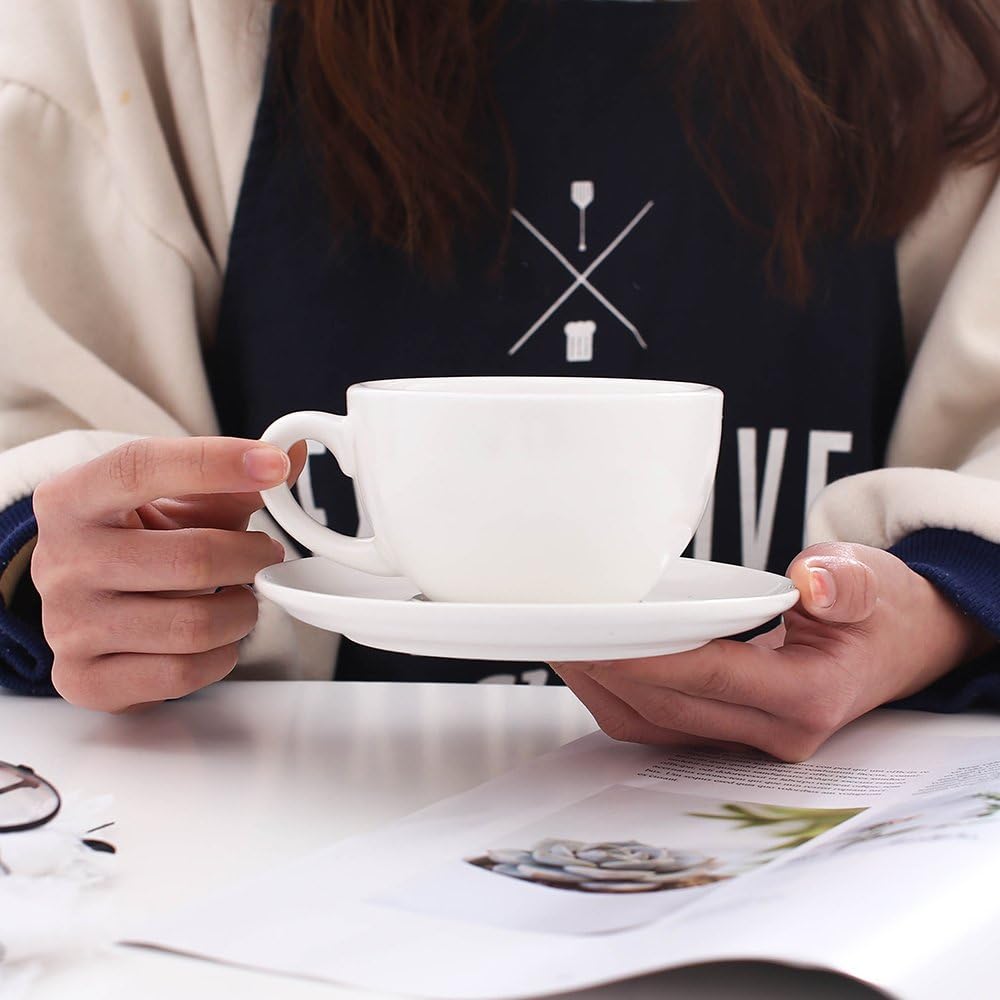 Latte Art Cup and Saucer for Cappuccino and Manual Brew Coffee, New Bone China, Mate for Coffee Shop and Barista (Matte White, 8.5 oz)