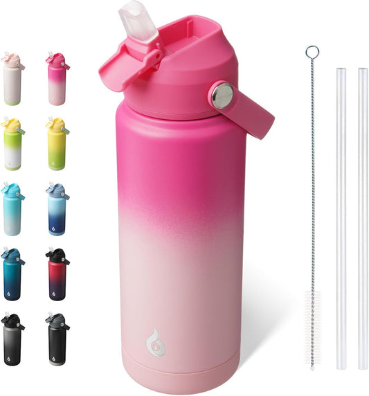 BJPKPK Water Bottle with Straw Lid, 24oz Vacuum Insulated Water Bottles, Metal Stainless Steel Thermos for Sports, Travel, BPA Free Leak Proof Thermos, Cups, Flasks, Tumblers,Cherry
