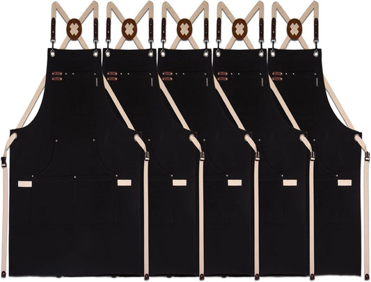 5 Pack Kitchen Apron, Work Apron, Canvas, Multiple Pockets, Gardening, Painting, BBQ, Artist, Carpenter, Sizes M to XXL, Black