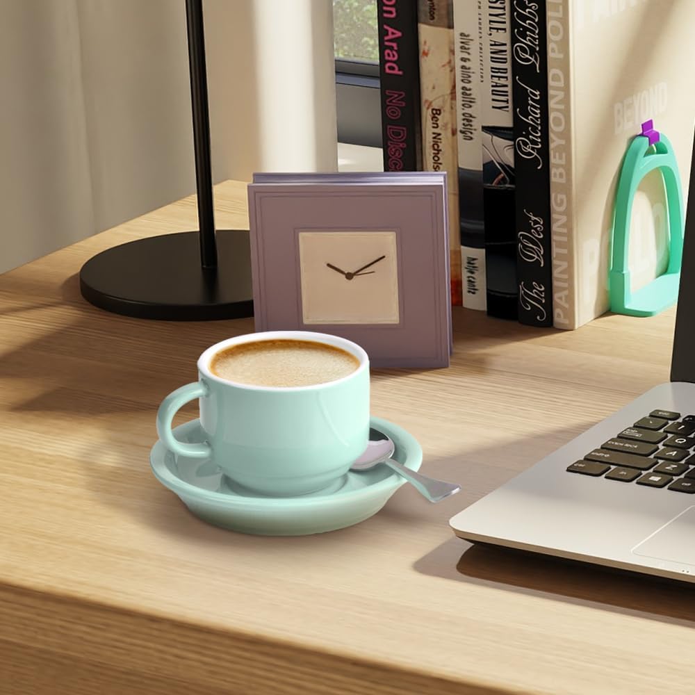 homEdge Premium Espresso Shot Cups and Saucers Set with Espresso Stainless Steel Spoons - 2.5 oz, Set of 4, Mint Green