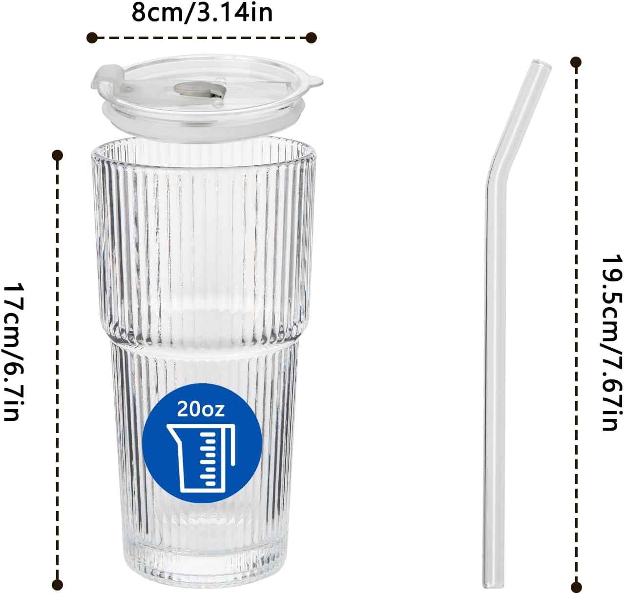 20oz Ribbed Glass Cups with Lids and Straws 2 Set, Vintage Glassware for Whiskey Cocktail Beer, Glass Tumbler, Iced Coffee Cups For Cold Drinks, Smoothie, Juice,Drinking (2)