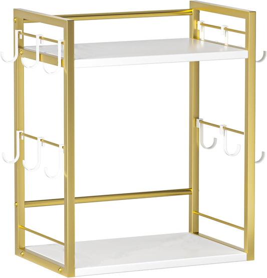 Dorhors 2 Tier Coffee Bar Accessories and Organizer,Multi-functional Mug Holder with 12 Hooks,Wood Coffee Station Organizer,Kitchen Countertop Shelf (Gold + White)