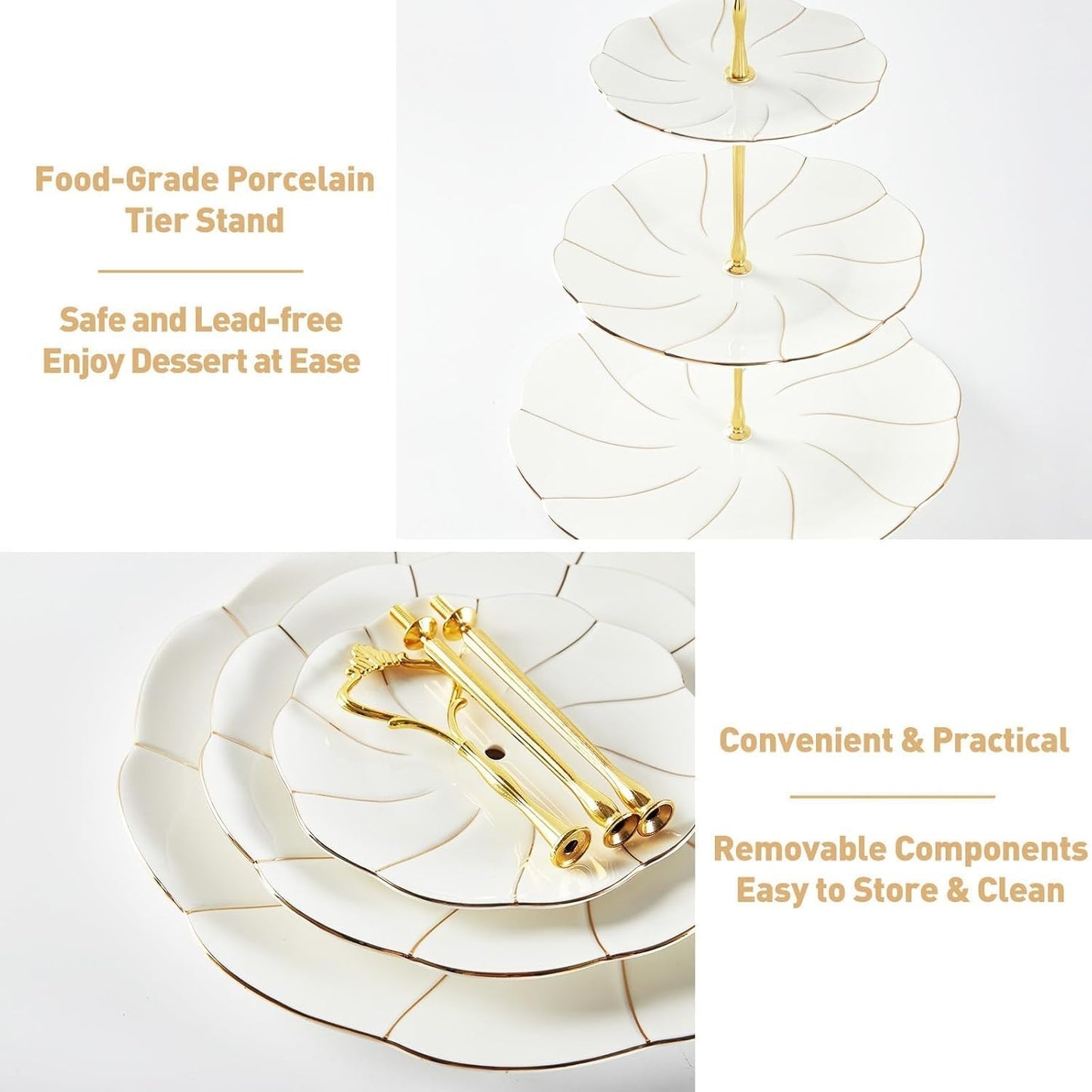 DUJUST 2pcs Porcelain 3-Tier Cupcake Stand Tower, British Style Serving Tray with Golden Trim, Food Grade Dessert Display Stand, Beautiful Gift for Tea Party & Home Décor