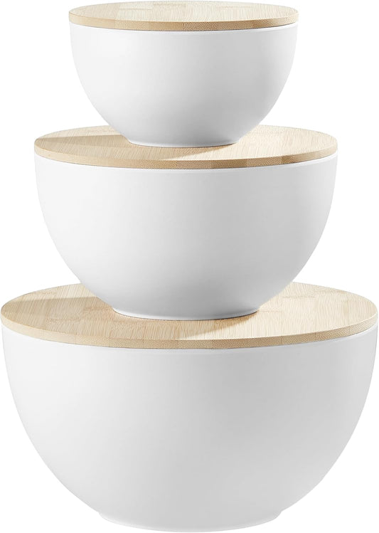 JOYMAY Salad Bowls, Mixing Bowl Salad Bowl Set, Natural Bamboo Fiber Serving Bowl Set of 3 with Bamboo Wood Lid, Nesting Bowls for Salads,Pastas(White,10",8",6")