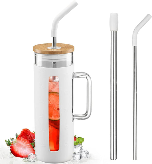 Kodrine Tumbler with Lid and Straw, 20 oz Glass Coffee Tumbler with Handle, Smoothie Cup with Bamboo Lid | Time Marker | Silicone Protective Sleeve, BPA Free - White