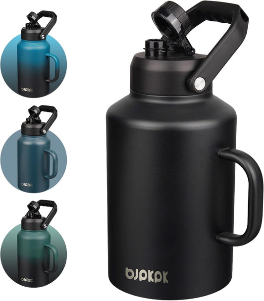 BJPKPK 1 Gallon Water Bottle with Handle, Large Dishwasher Safe 128oz Insulated Water Bottle, BPA Free Water Jug, Wide Mouth Metal Water Bottle with Anti-slip Bottom, Keep Cold & Hot,Black