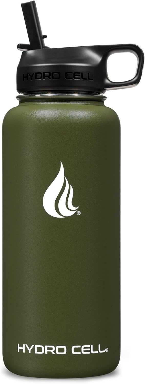 HYDRO CELL Stainless Steel Insulated Water Bottle with Straw - For Cold & Hot Drinks - Metal Vacuum Flask with Screw Cap and Modern Leakproof Sport Thermos for Adults (Army 32oz)