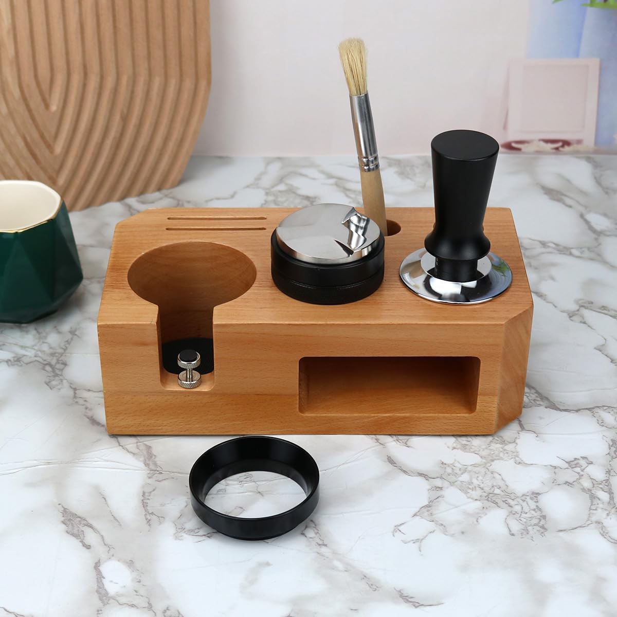 Espresso Tamping Station With Tools - 58mm - Includes Coffee Tamper, Distributor, Dosing Funnel & Brush - Wooden Coffee Tamper Station - Espresso Organizer & Portafilter Holder