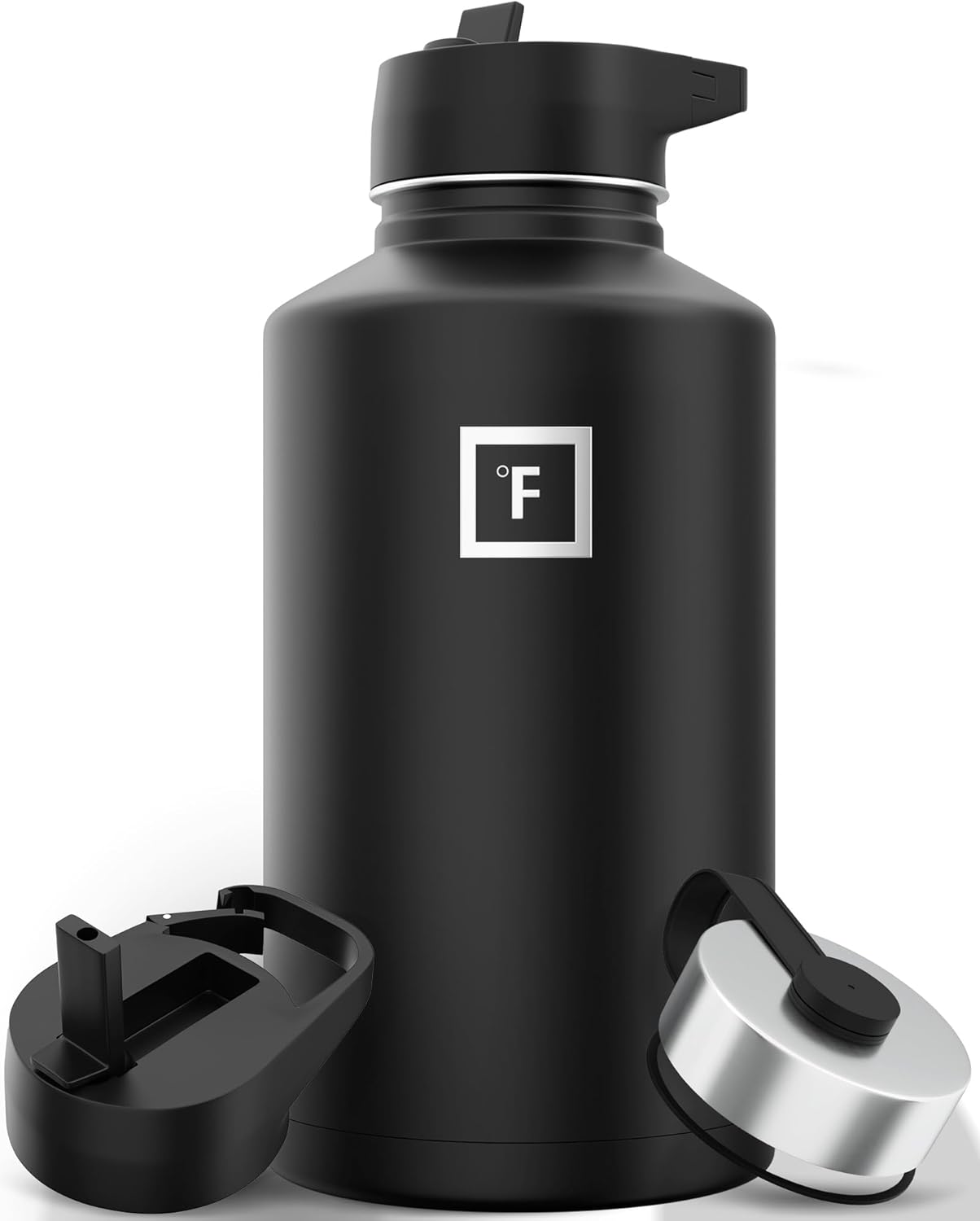 IRON °FLASK Camping & Hiking Hydration Flask with 3 Lids - Stainless Steel, Double Walled & Vacuum Insulated Water Bottle - Leak Proof & BPA Free (Midnight Black, Straw - 64 oz)