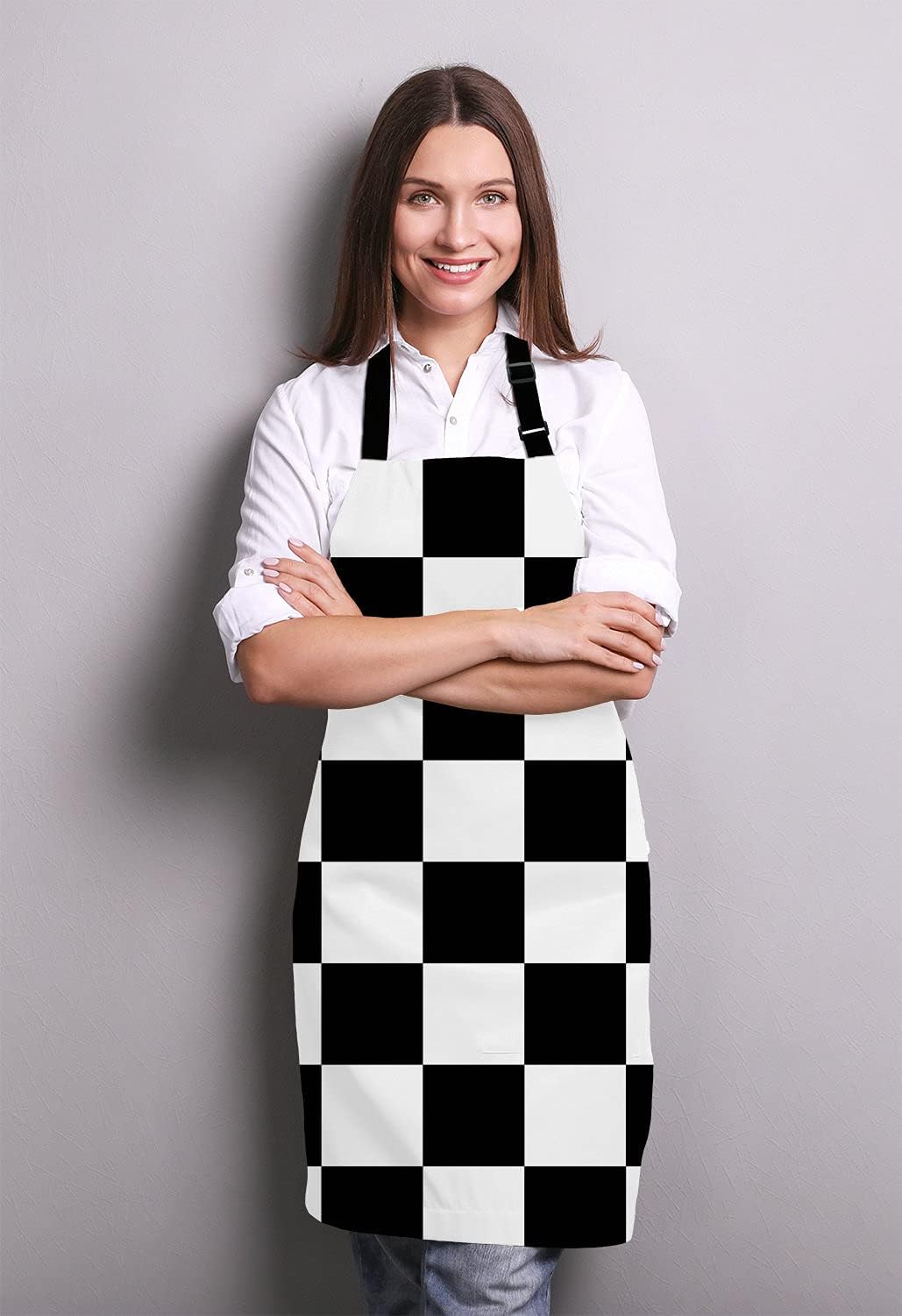 Black and White Art Design Checkered Bib Apron with Adjustable Neck for Men Women,Suitable for Home Kitchen Cooking Waitress Chef Grill Bistro Baking BBQ Apron