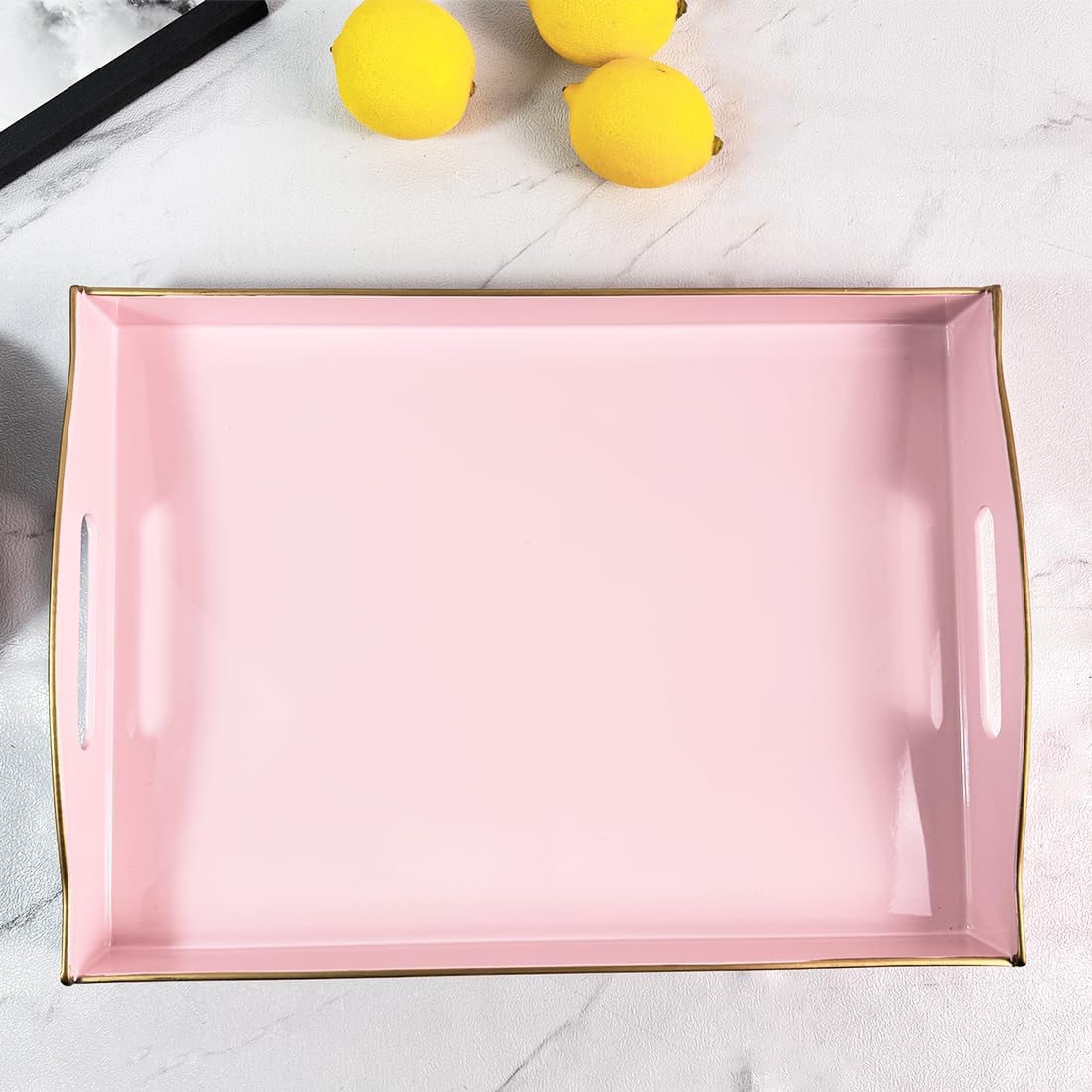 Pink Serving Tray with Handles, Plastic Decorative Tray for Coffee Table, Ottoman - Ideal for Living Room & Bathroom. 15” x 11” x 2.5”