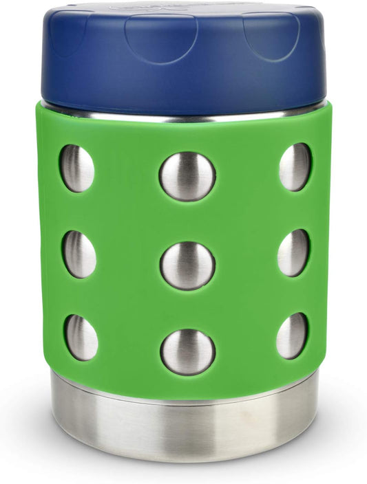 LunchBots Thermal 12 oz Triple Insulated Thermos - Hot 6 Hours or Cold 12 Hours - Leak Proof Thermos Soup Jar - All Stainless Interior - Navy Lid - Green Dots