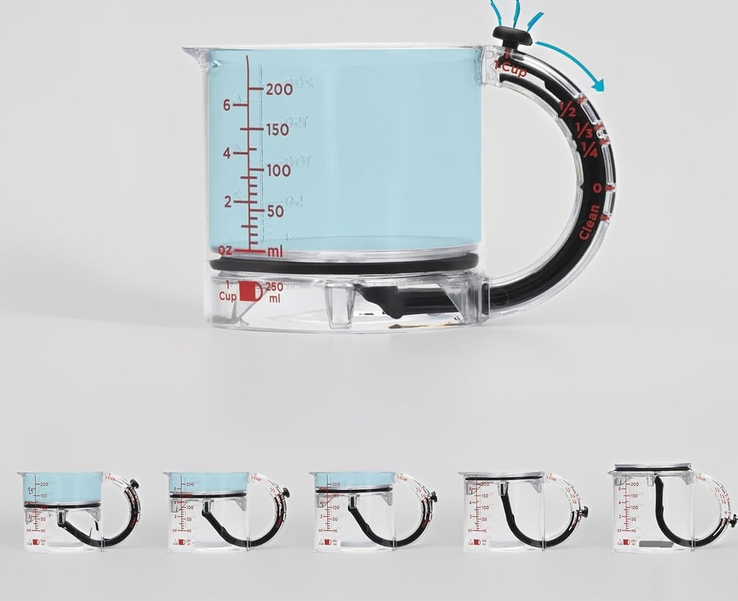 4-in-1 Adjustable Measuring Cup, Multi-Functional Measuring Cup with Scraper-Style Seal Base, Can Be Raised to Create Four Different Measurements 1/4 1/3 1/2 and 1, for Cooking and Baking