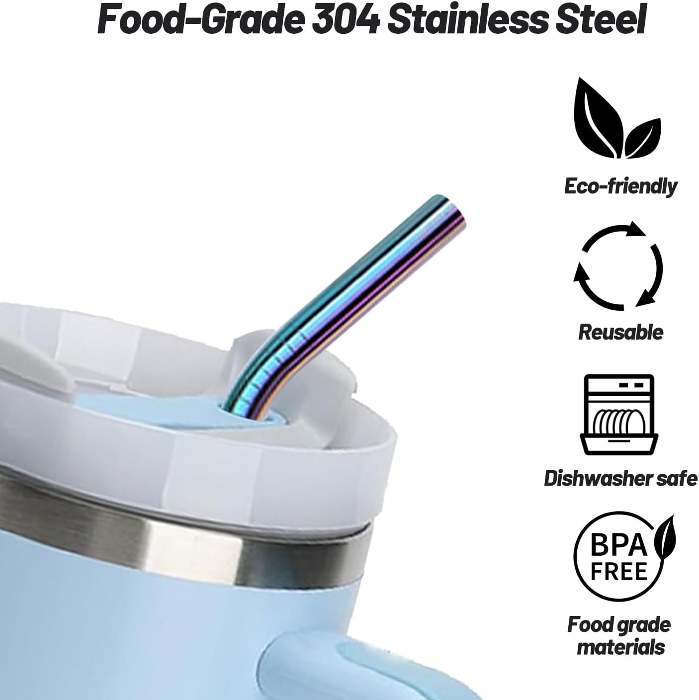 VEHHE Metal Stanley Straw, 12.5-inch Long Stainless Steel Stanley Cup Straw, 4 Pack Reusable Drinking Straws with Cleaning Brush for Stanley Cup Accessories(Rainbow)