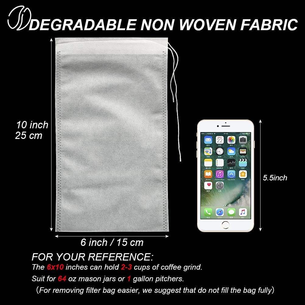 50pcs No Mess Cold Brew Bags, 6x10 inch Disposable Coffee Filter Bag Fine Mesh Brewing Drawstring Pouches for Iced Coffee Hot Tea Herb Spice