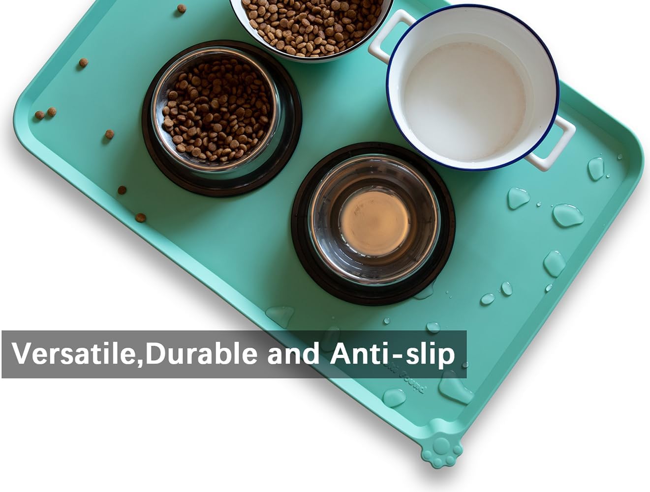 Hoki Found Large Silicone Non Slip Pet Food Mats - Tray for Dogs and Cats - Waterproof Feeding Mats - Cool Mint