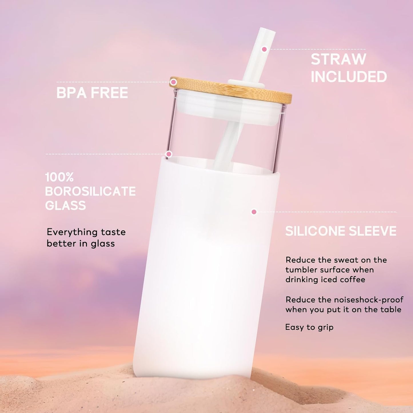 Tronco 20oz Glass Tumbler Glass Water Bottle Straw Silicone Protective Sleeve Bamboo Lid - BPA Free (Dot Pink/ 1 Pack)