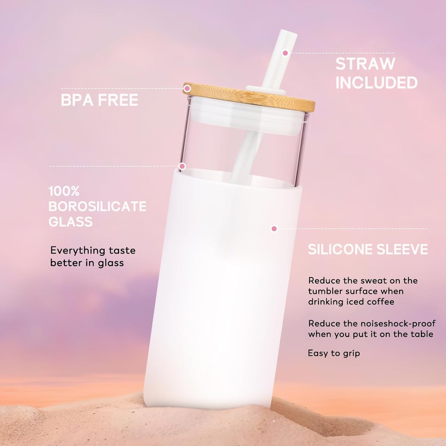 Tronco 20oz Glass Tumbler Glass Water Bottle Straw Silicone Protective Sleeve Bamboo Lid - BPA Free (Dot Bronze/ 1 Pack)