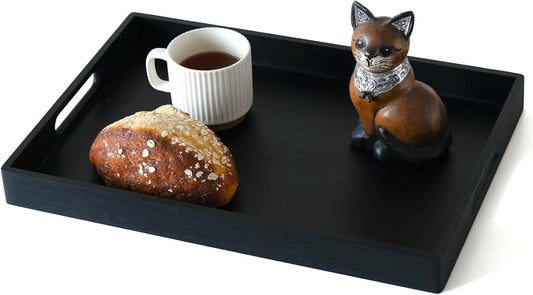S310 Black Wood Serving Tray with Handles, 17 Inch Wooden Tray for Ottoman, Breakfast, Lunch, Dinner, Decorative Rectangular Tray for Living Room, Kitchen Counter, Outdoor