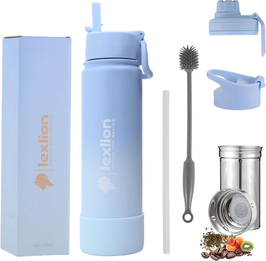 Lexlion Tea Infuser Water Bottle 22 Oz, Triple Walled Insulated Stainless Steel Bottle, Thermal Fruit Leaf Infuser, Silicone Sleeve, 3 Lids Leakproof, Metal Mug Gallon