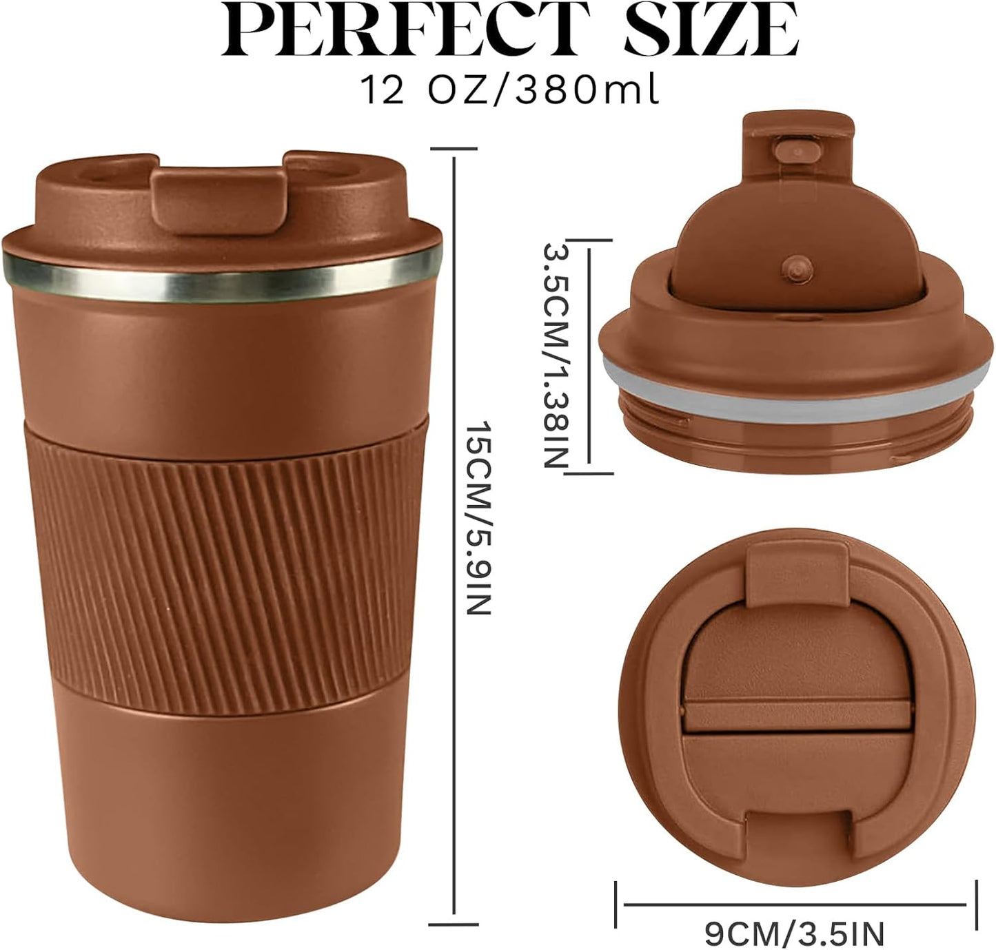 YINBAOGE Insulated Travel Coffee Mug Spill Proof Leak Proof Pobtable To Go Camping Stainless Steel Coffee Tumbler Reusable Coffee Cups with Lids Thermos for Hot and Cold Drink (Brown, 12 OZ)