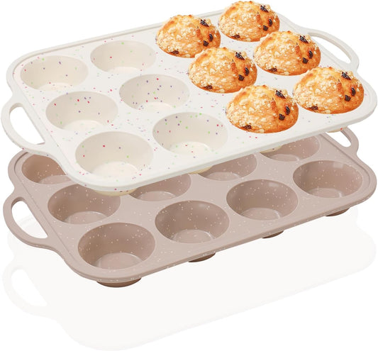 Vinino 2Pack Silicone Muffin Pans for Baking with Metal Reinforced Frame, 12 Cups Regular Size Nonstick Silicone Cupcake Pan, BPA Free Oven Dishwasher Safe Baking Mold for Muffins Cupcakes