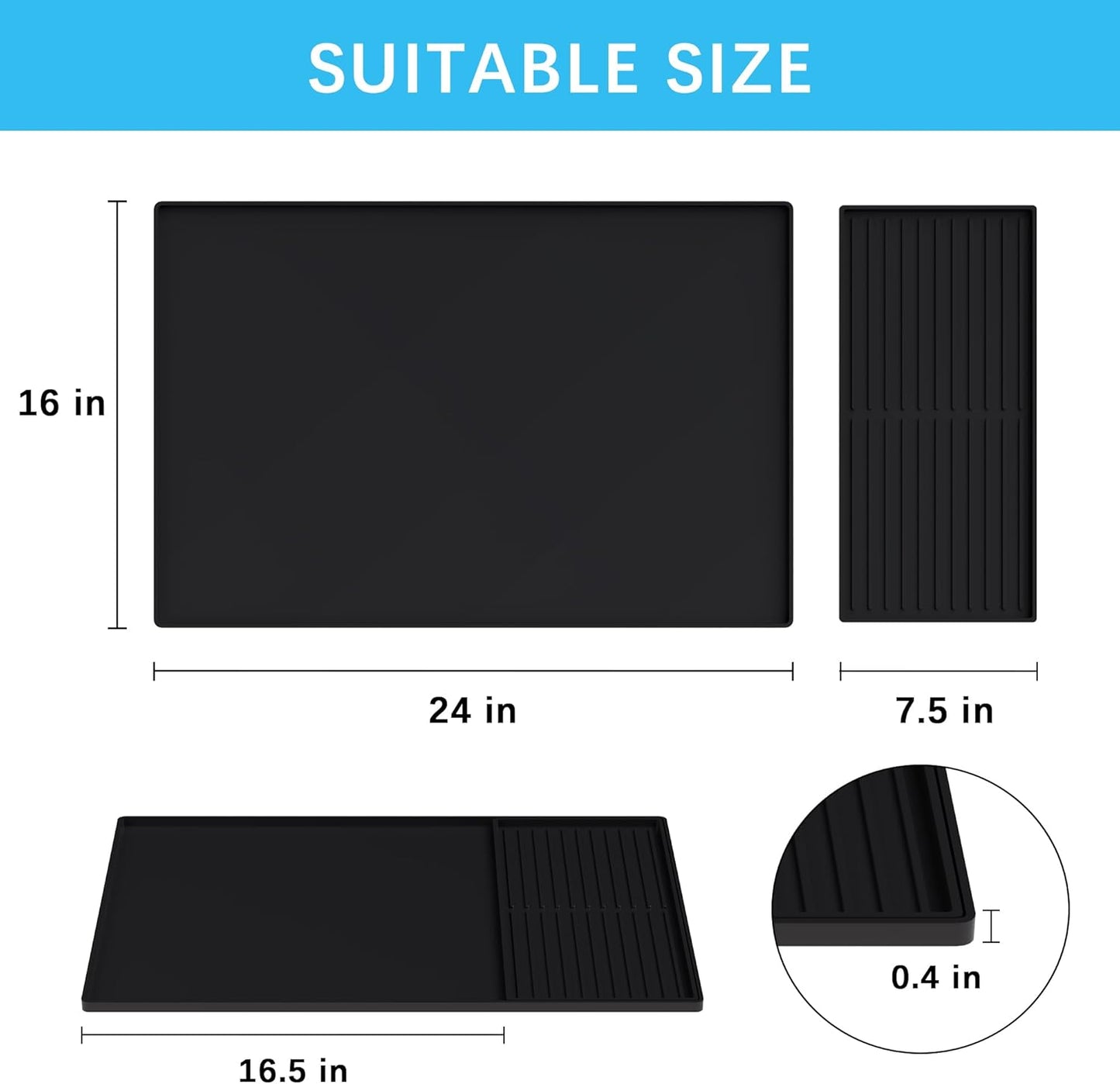 Golener Silicone Coffee Mat Set - 24" x 16" Coffee Bar Mat for Countertop, Kitchen Station Pad Accessories Fit Under Coffee Maker or Machine, Dish Drying Mat, Heat Resistant Kitchen Gadget, Black