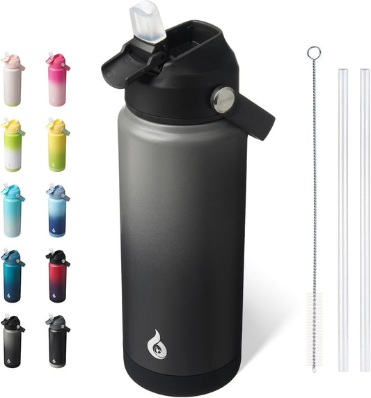 BJPKPK Water Bottle with Straw Lid, 24oz Vacuum Insulated Water Bottles, Metal Stainless Steel Thermos for Sports, Travel, BPA Free Leak Proof Thermos, Cups, Flasks, Tumblers,Black Grey