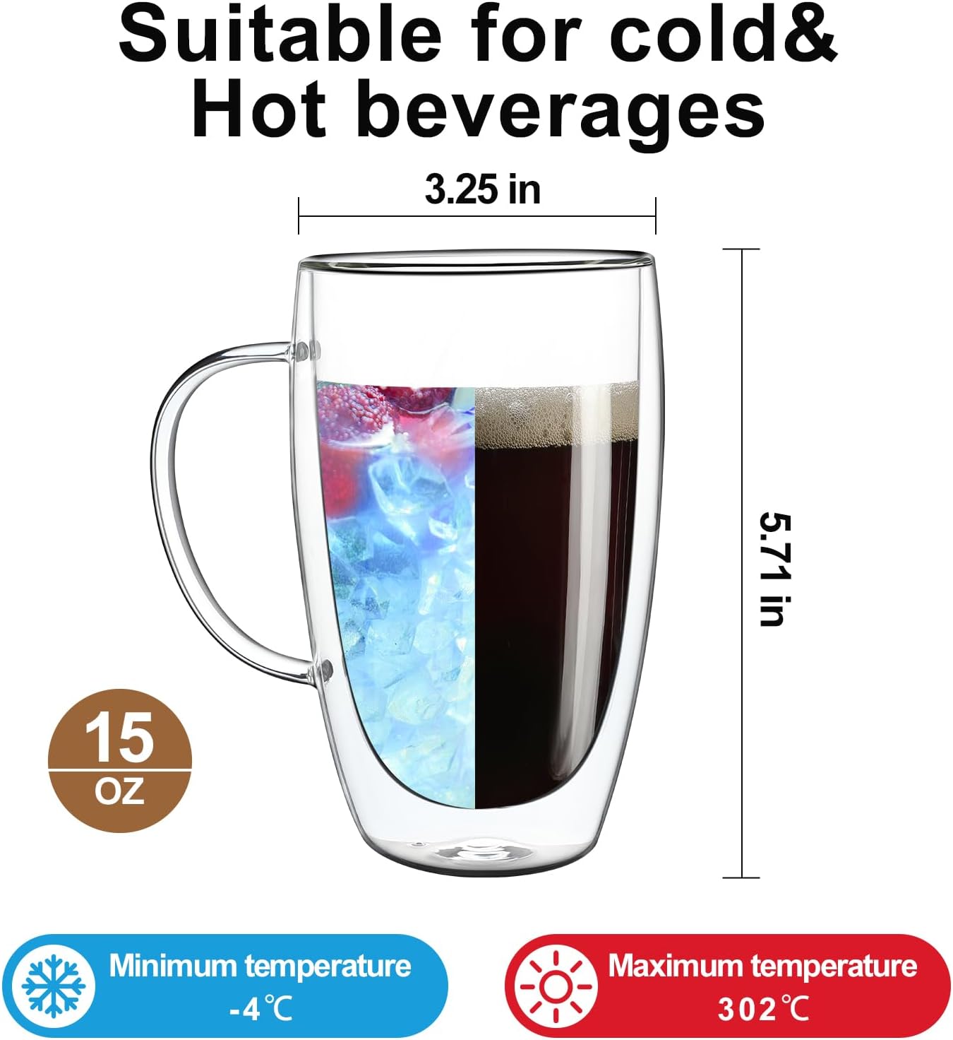 Aurzen 2 Pack Double Walled Glass Coffee Mugs with Handles, Large Insulated Layer Coffee Cups, 15oz Clear Borosilicate Mugs, Perfect for Cappuccino, Tea, Microwave Safe