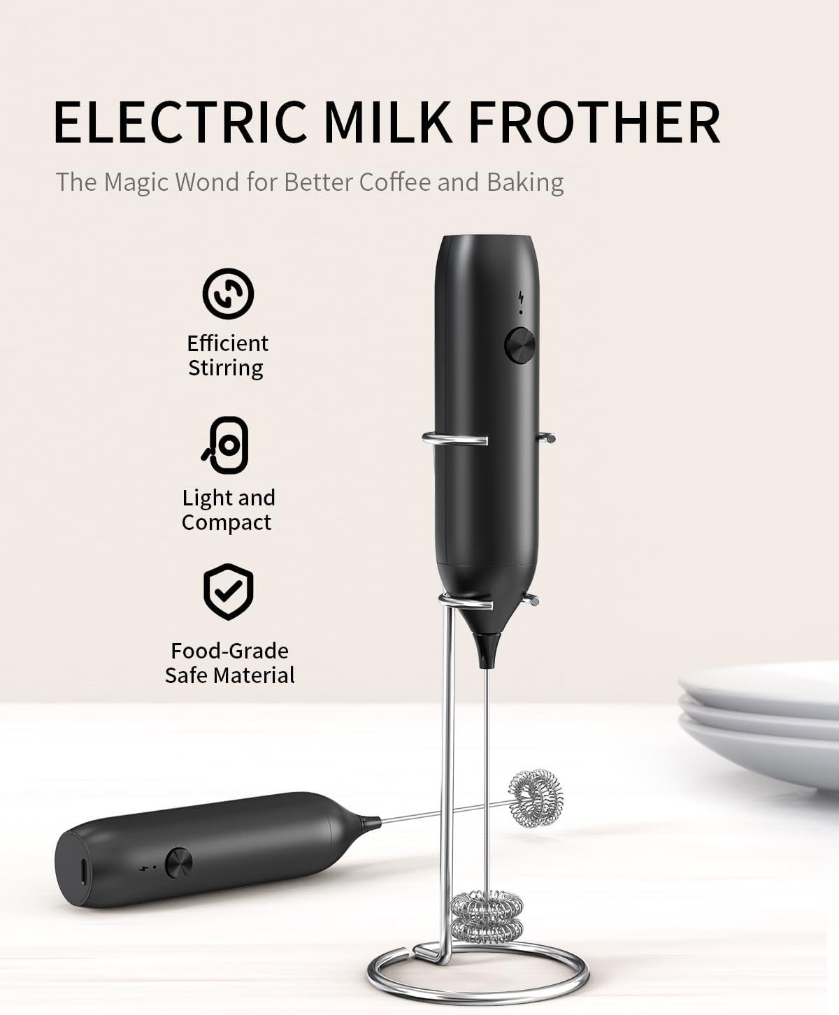 CIRCLE JOY Rechargeable Milk Frother Handheld with Stand, Coffee Frother Wand Drink Mixer with Dual Spring Whisk for Coffee, Cappuccino, Lattes, Frappe, Matcha and Hot Chocolate, Black