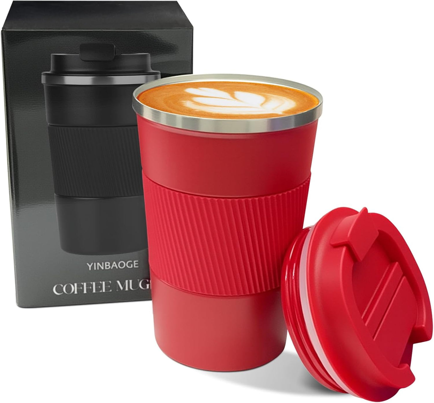 YINBAOGE Insulated Travel Coffee Mug Spill Proof Leak Proof Pobtable To Go Camping Stainless Steel Coffee Tumbler Reusable Coffee Cups with Lids Thermos for Hot and Cold Drink (Red, 12 OZ)