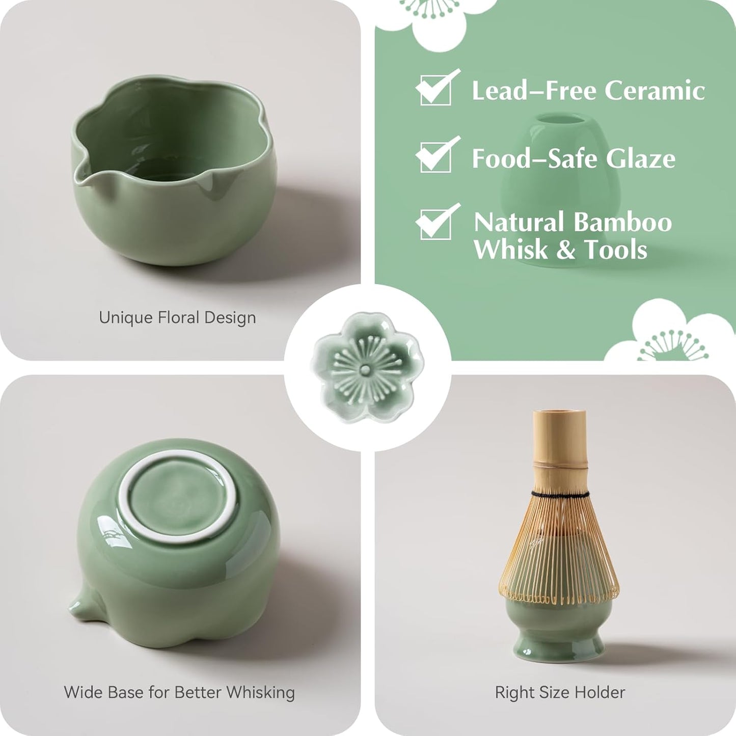 Matcha Set, 8Pcs Floral Ceramic Matcha Set with Matcha Whisk, Holder, Scoop, Scoop Rest, Sifter, Spoon and Tea Towel - Thoughtful Matcha Whisk Set Gift for Matcha Lovers (Green)