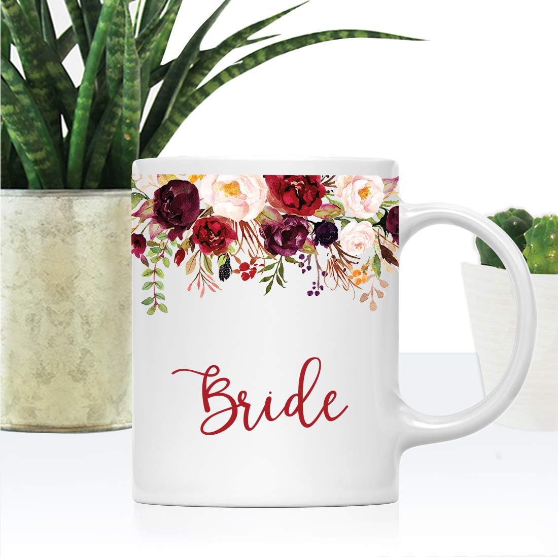 Andaz Press 11oz. Wedding Ceramic Coffee Tea Mug Gift, Fall Autumn Marsala Burgundy Flowers Roses Florals, Bride, 1-Pack, Includes Gift Box