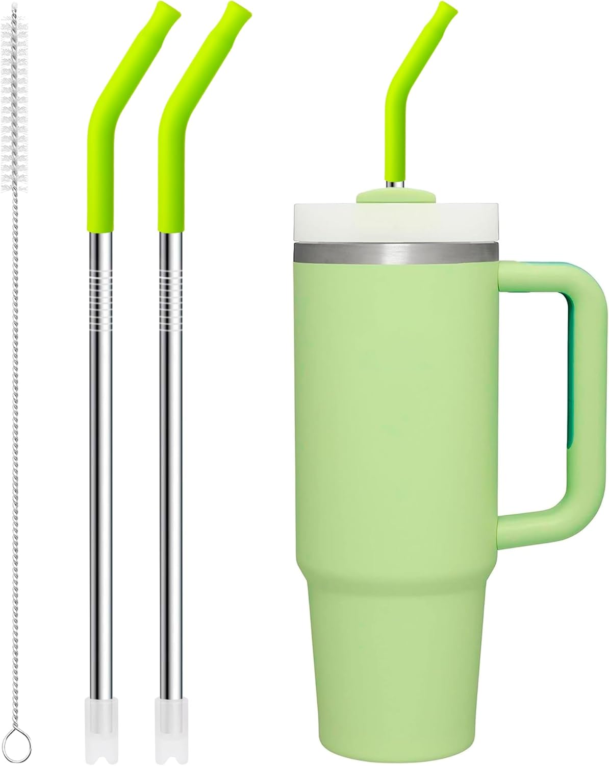 Snowfall Metal Straw for Stanley 30 OZ, 2 Pcs Reusable Long Stainless Steel Drinking Straws with Silicone Tip, 1 Straw Brush, BPA Free (Apple Green)