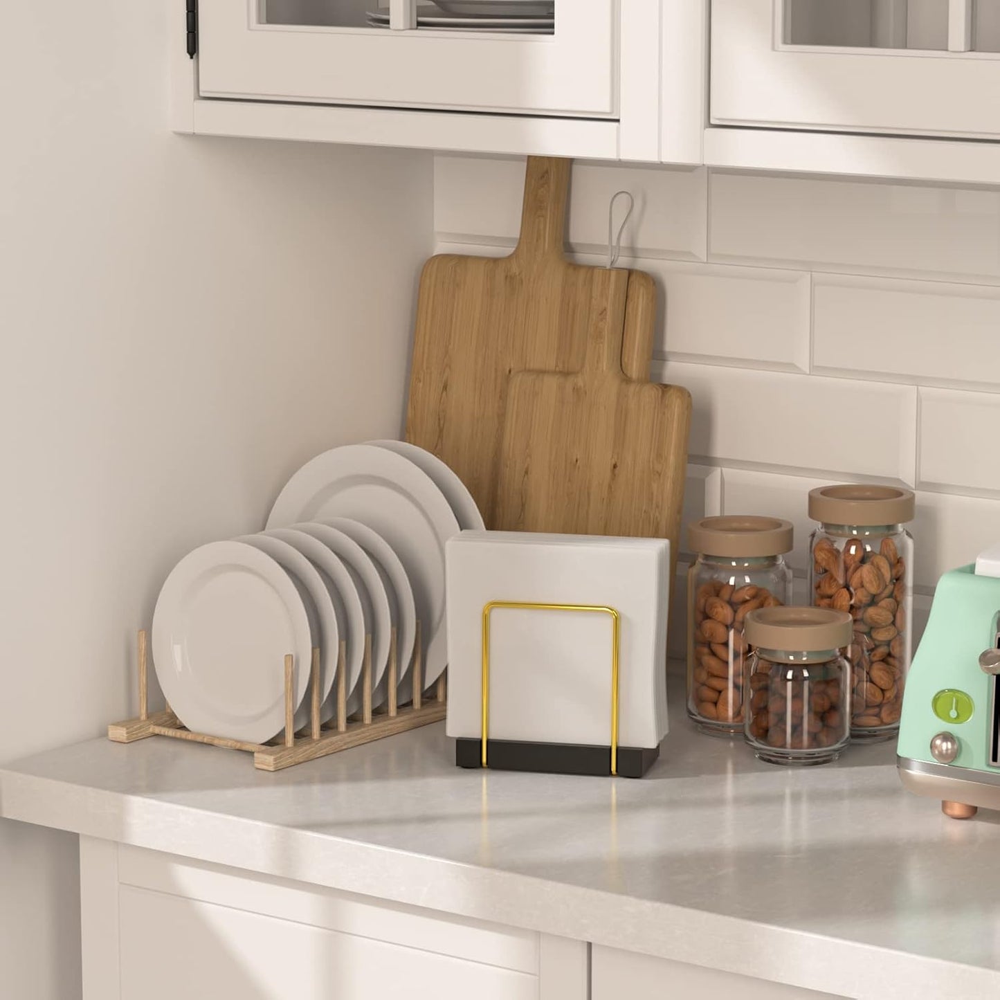 Napkin Holder for Table, Gold Kitchen Accessories for Dining Table Farmhouse Cocktail Picnic Rustic Bamboo Iron Wood Holders for Mail Bills Suitable for All Dining Room Decor Gold & Black