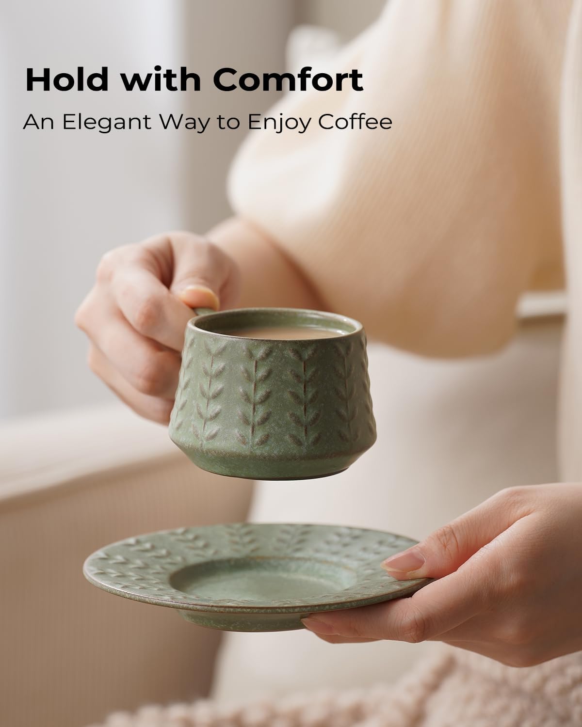 Espresso Cups Set of 6, 4 oz Demitasse Cups with Saucer and Metal Stand Small Coffee Cup Set, Porcelain Cappuccino Cups for Latte, Cafe Mocha and Tea, Green