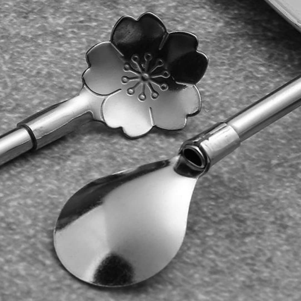 Reusable Stainless Steel Long Handle Straws Spoon, 6 Pieces 8.6", with 1 Cleaning Brush (circular)