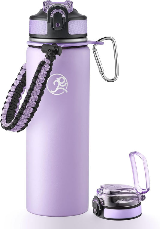 GOSWAG Insulated Sports Water Bottle, 24oz 2 Lids(with Straw/No Straw), Stainless Steel Water Bottles with Paracord Handle, Insulated Bottle with Double-Wall Vacuum Insulation