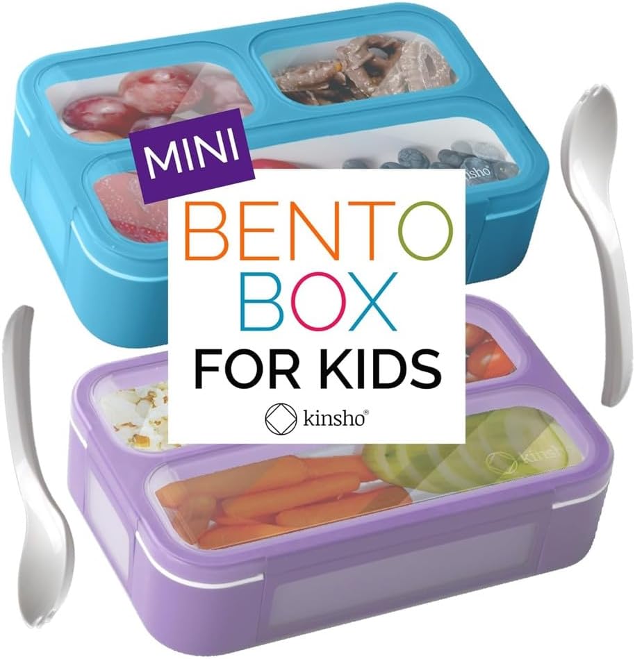 kinsho Snack Containers for Kids Toddlers Baby Adults | MINI Bento Lunch-Box | SMALL Bento-Box Portion Container | Toddler Pre-School Girls Boys | Leak-proof Boxes | Purple Blue Set of 2