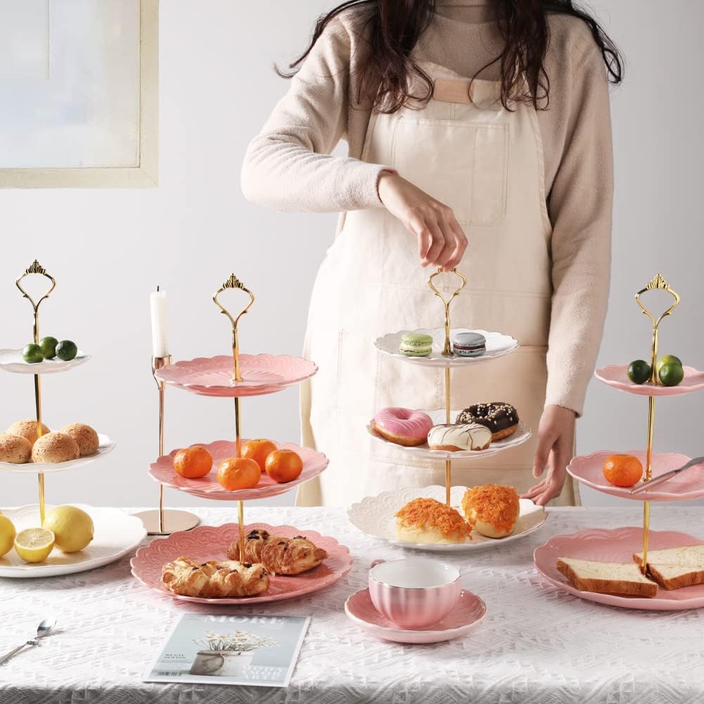 Sweejar 3 Tier Ceramic Cake Stand Wedding, Dessert Cupcake Stand for Tea Party Serving Platter(Rose Pink)