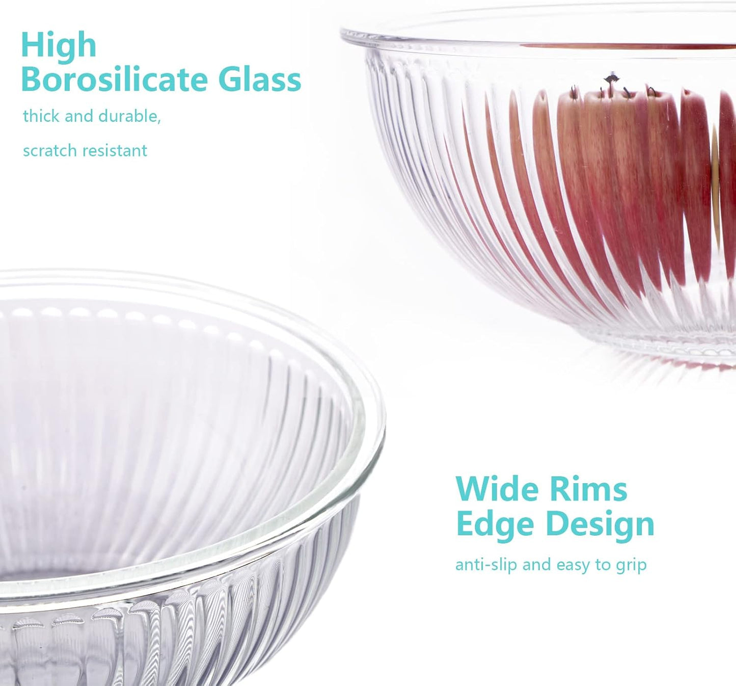 WhiteRhino Glass Mixing Bowls with Lids Set of 3(3.7QT, 2.1QT, 1.1QT),Large Kitchen Salad Bowls, Space-Saving Nesting Bowls, Clear Glass Serving Bowls for Cooking,Baking,Prepping,Dishwasher Safe