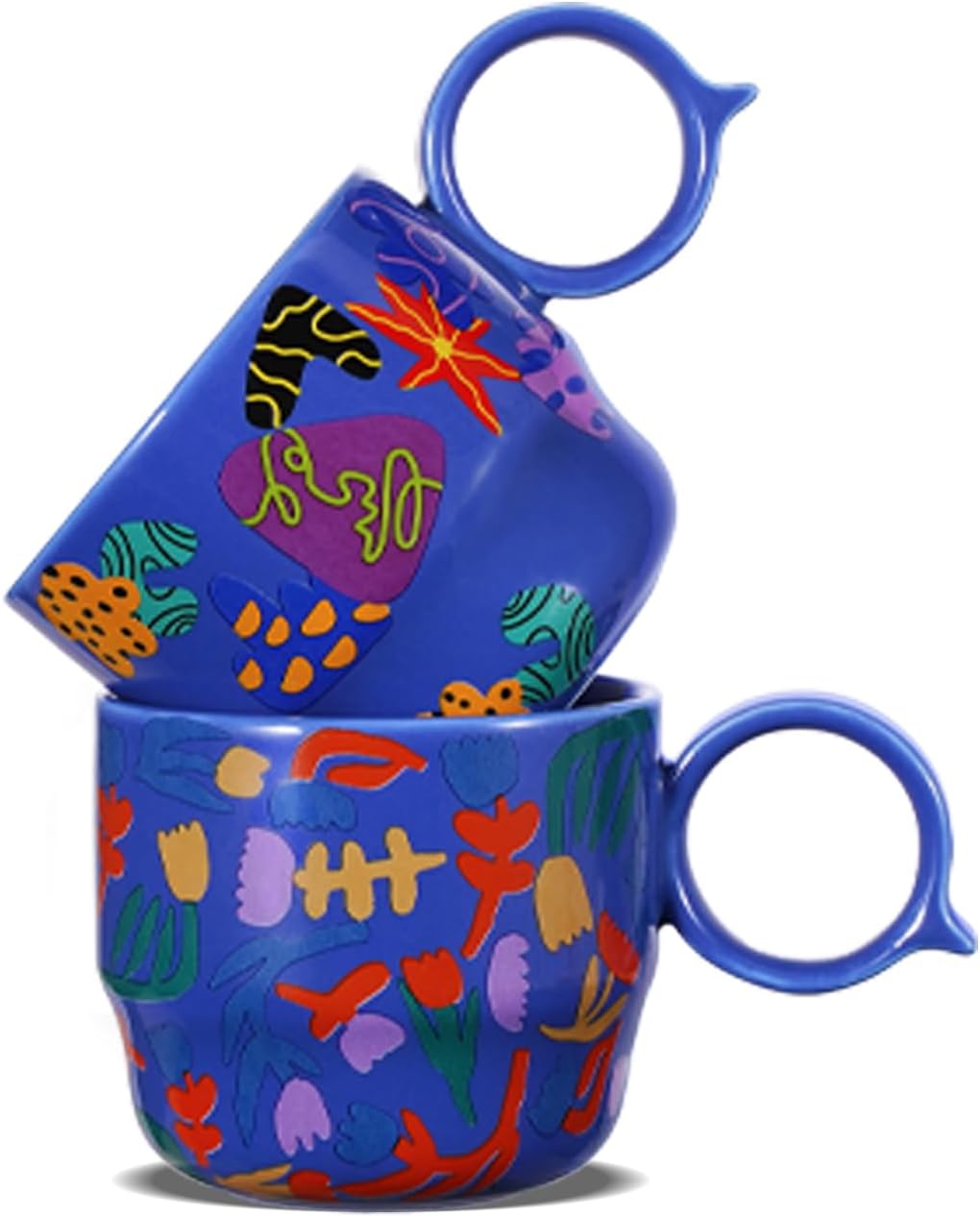 Ceramic Espresso Cups Set of 2 – Mini 3 oz Double Espresso Coffee Cups with Cute Q Handle, Floral and fruit Patterns, Small Blue Demitasse Shot Cups for Coffee Machine