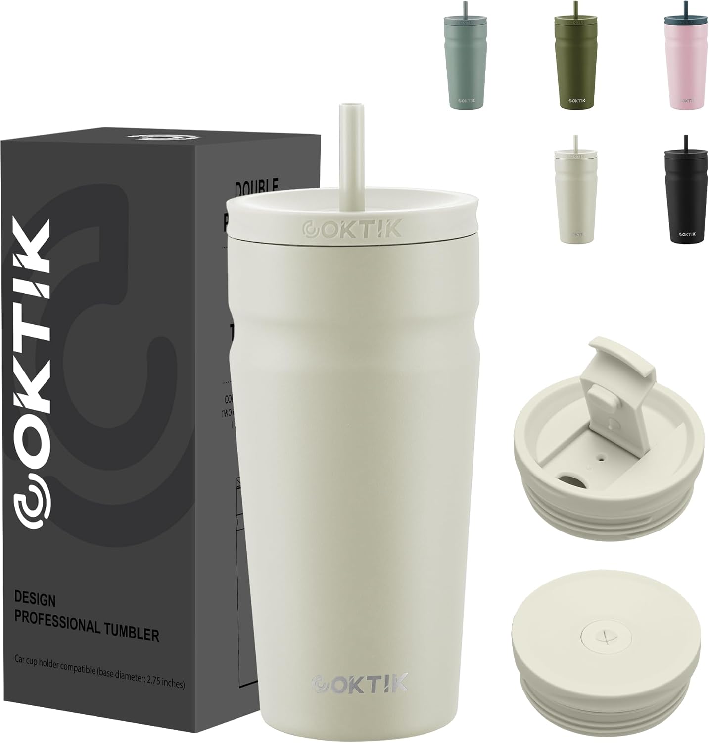 COKTIK 20oz Insulated Tumbler with Lid and Straw 2 Lids (Straw/Flip) Iced Coffee Cup Reusable Stainless Steel Travel Mug Water Bottle Cupholder Friendly for Women Men Her Him (Almond Birch)