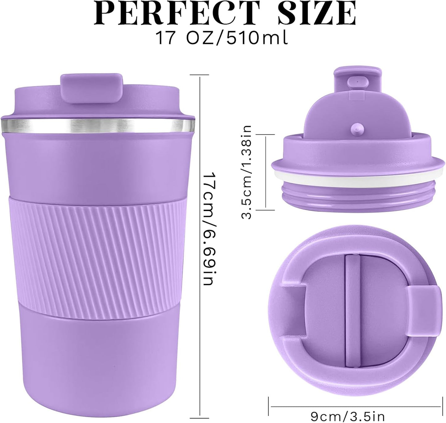 YINBAOGE Insulated Travel Coffee Mug Spill Proof Leak Proof Pobtable To Go Camping Stainless Steel Coffee Tumbler Reusable Coffee Cups with Lids Thermos for Hot and Cold Drink (Purple, 17 OZ)
