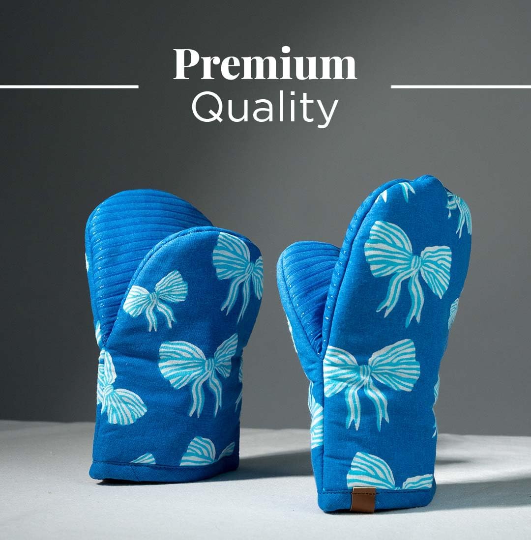 Folkulture Mini Oven Mitts Heat Resistant | (5.75 x 9) Set of 2 Short Blue Oven Mitts with Hanging Loop | 100% Cotton Oven Gloves or Bow Kitchen Mittens | Small Silicone Oven Mits or Baking Accesories